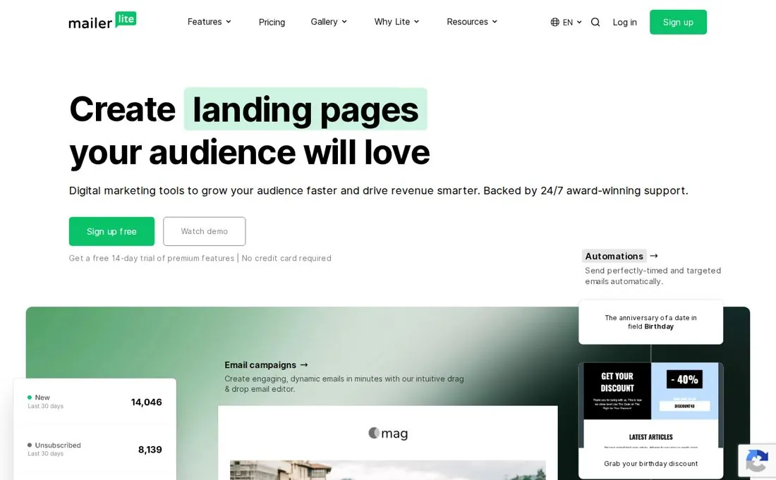 MailerLite homepage screenshot