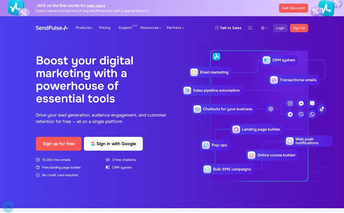 SendPulse homepage screenshot